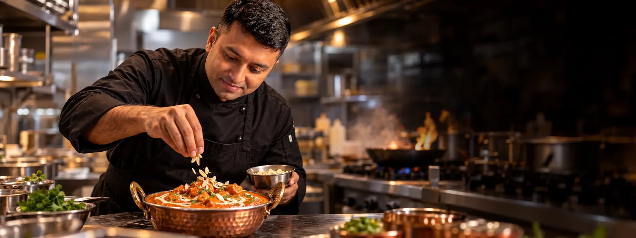 Chef plating a dish at Indian Masala