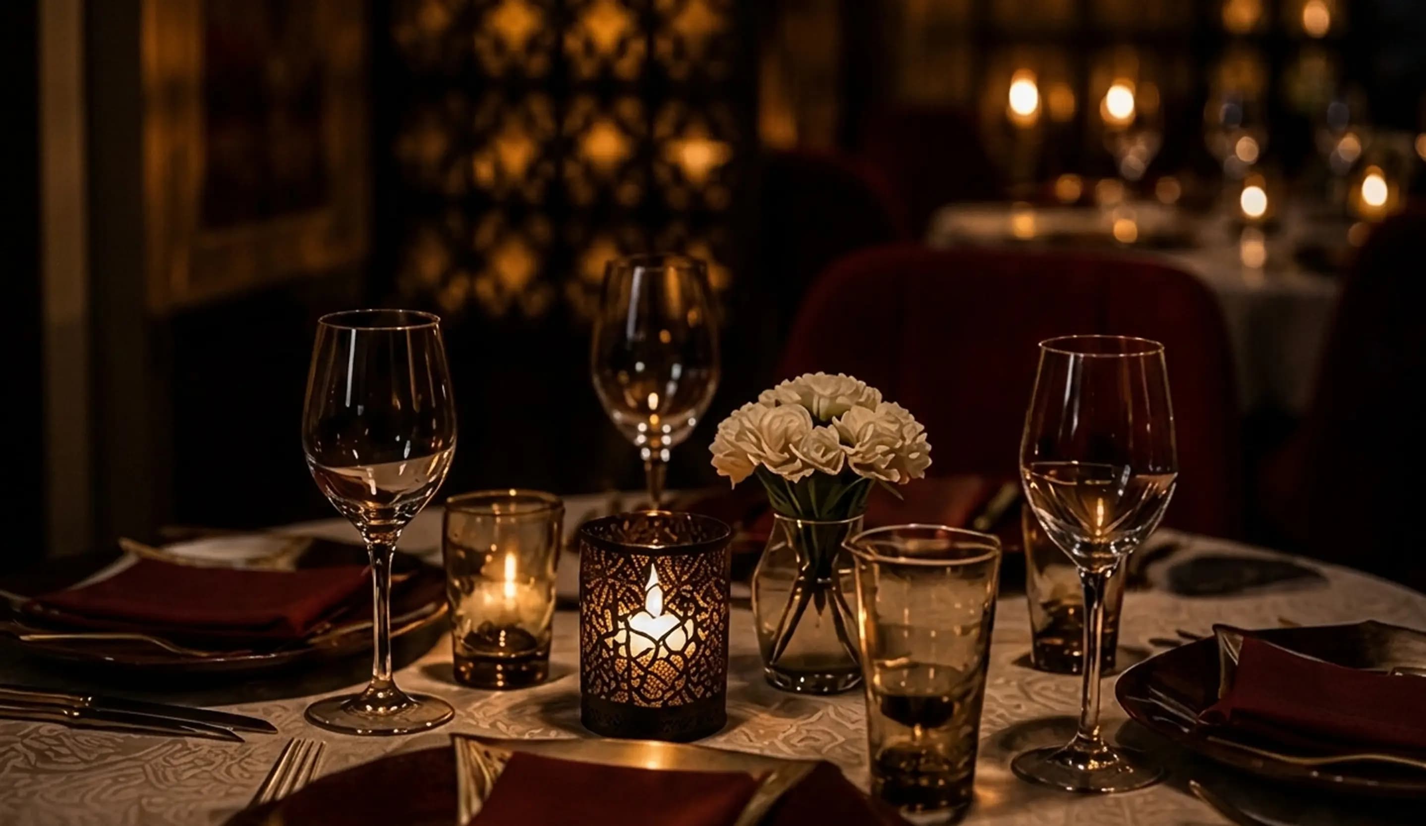 Candlelit table set for dinner at Indian Masala